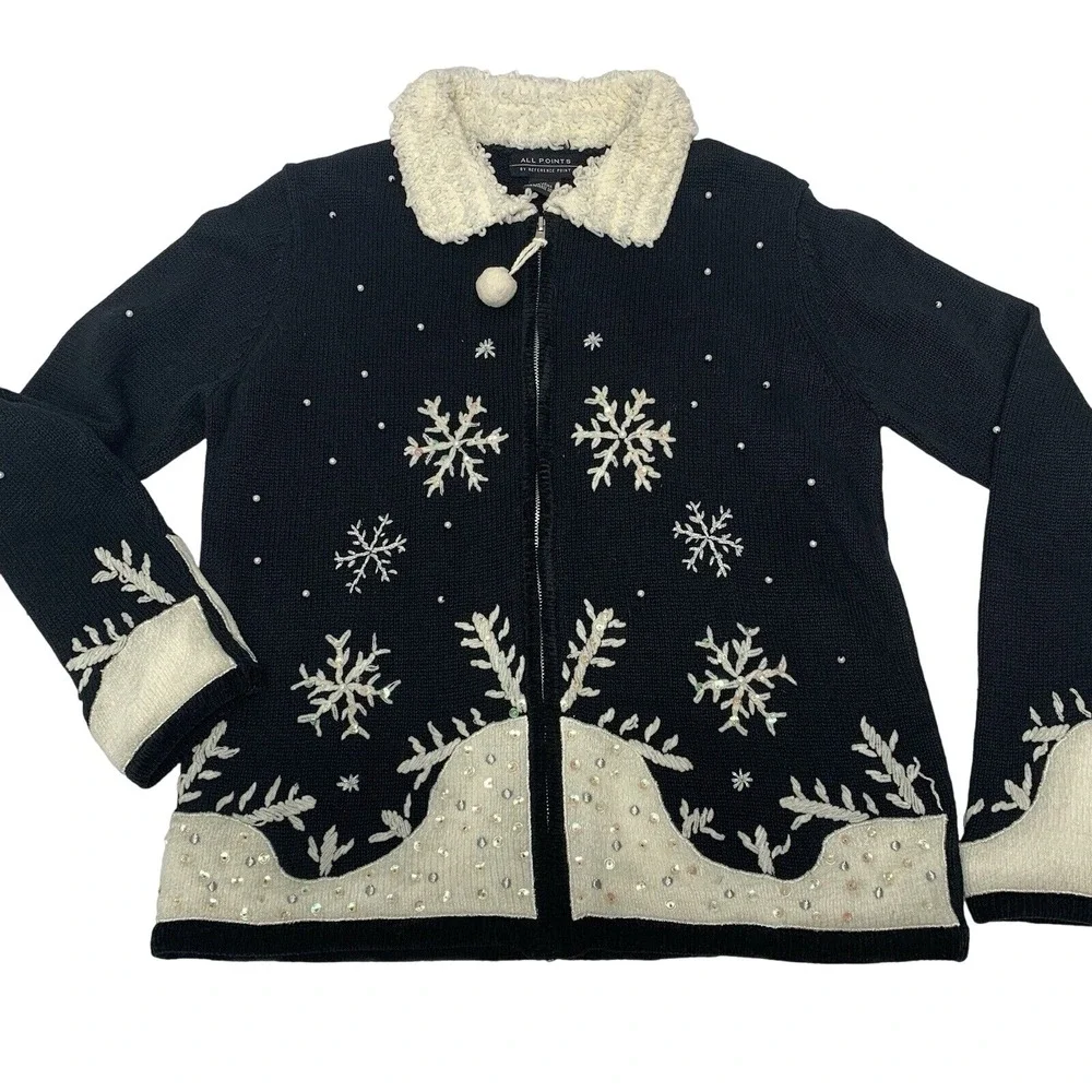 Vintage Holiday Sweater Woman Medium Black Full Zip Snowflakes Embroidery Beads